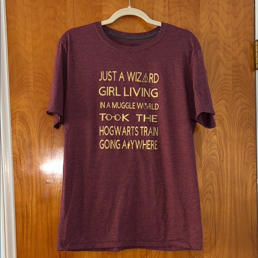 Harry Potter themed Heather Maroon Graphic T-Shirt with Gold Text